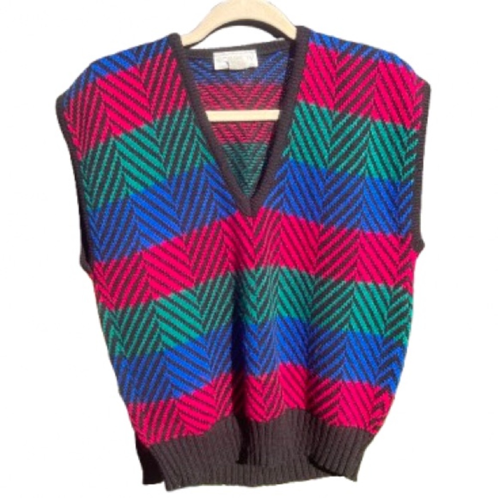 Vintage Eccobay Bright Stripes V-Neck Pull-Over Grandpa Sweater Vest V-Neck EUC
